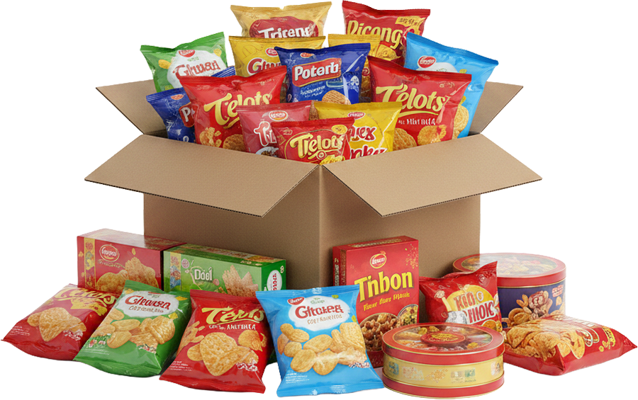 Thùng quà bánh kẹo, snack, khoai tây chiên, bánh quy, hộp giấy, quà tặng, đa dạng, thực phẩm, snack gift box, snacks, potato chips, cookies, cardboard box, gift, variety, food