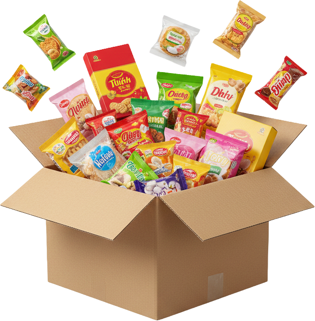 Thùng bánh kẹo đầy, snack, bánh quy, hộp giấy, màu sắc, quà tặng, trẻ em, thực phẩm, full snack box, snacks, cookies, cardboard box, colorful, gift, children, food