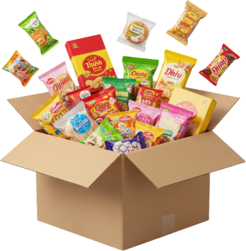 Thùng bánh kẹo đầy, snack, bánh quy, hộp giấy, màu sắc, quà tặng, trẻ em, thực phẩm, full snack box, snacks, cookies, cardboard box, colorful, gift, children, food