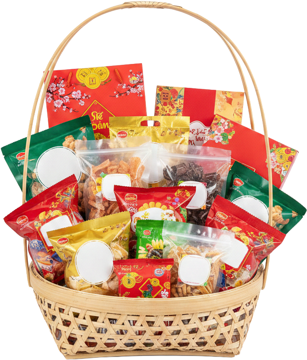 Giỏ quà bánh kẹo, túi quà tết, bao lì xì, giỏ tre, nơ đỏ, quà biếu, lễ hội, truyền thống, snack gift basket, tet gift bag, red envelopes, bamboo basket, red ribbon, present, festival, traditional