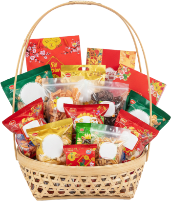 Giỏ quà bánh kẹo, túi quà tết, bao lì xì, giỏ tre, nơ đỏ, quà biếu, lễ hội, truyền thống, snack gift basket, tet gift bag, red envelopes, bamboo basket, red ribbon, present, festival, traditional