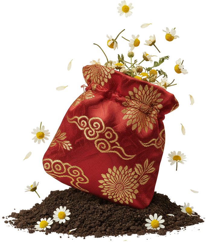 Hoa cúc khô, túi gấm đỏ, đống đất, thảo mộc, trà hoa, tết, trang trí, Chamomile bag, dried chamomile, red silk bag, soil pile, herbal, flower tea, lunar new year, decoration