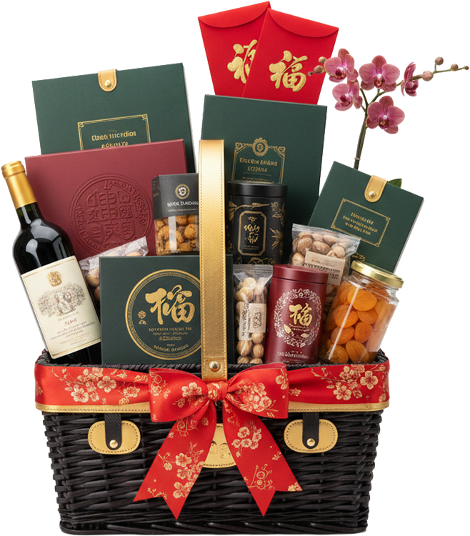 Giỏ quà tết sang trọng, rượu vang, hộp quà xanh lá, hoa lan, bao lì xì, nơ đỏ, giỏ mây đen, quà biếu, luxury tet gift basket, wine, green gift boxes, orchid, red envelopes, red ribbon, black wicker basket, present