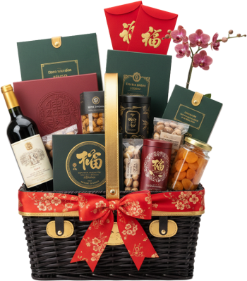 Giỏ quà tết sang trọng, rượu vang, hộp quà xanh lá, hoa lan, bao lì xì, nơ đỏ, giỏ mây đen, quà biếu, luxury tet gift basket, wine, green gift boxes, orchid, red envelopes, red ribbon, black wicker basket, present