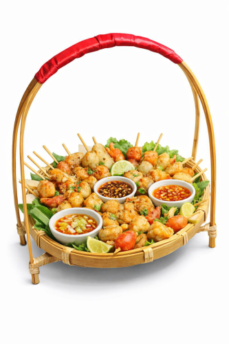 Cá viên chiên, xiên bẩn, mẹt bánh, gánh bánh, ăn vặt, ăn nhanh, basket of cakes, carrying basket of cakes, snacks, fast food