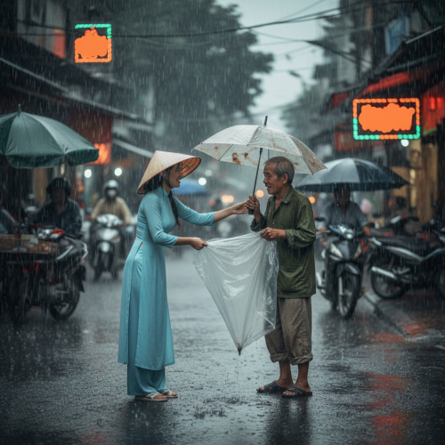 ảnh hai người châu á giúp đỡ tặng nhau áo mưa khi đang đi ngoài...
