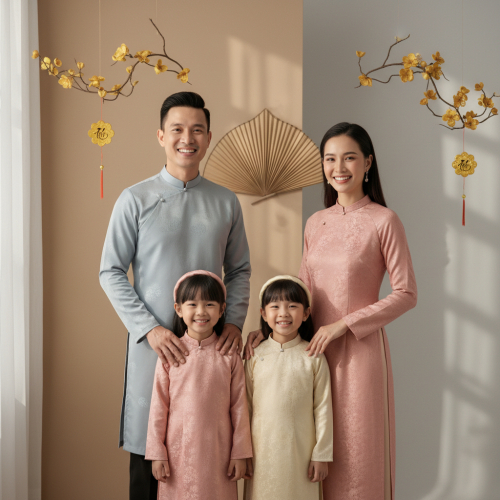 Một gia đình mặc áo dài truyền thống tươi cười trước không...