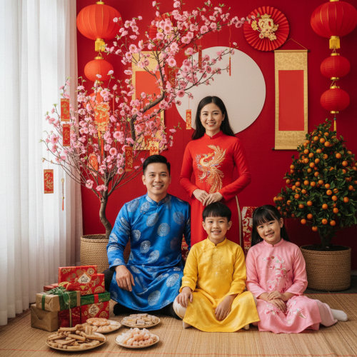 Một gia đình mặc áo dài truyền thống tươi cười trước không...