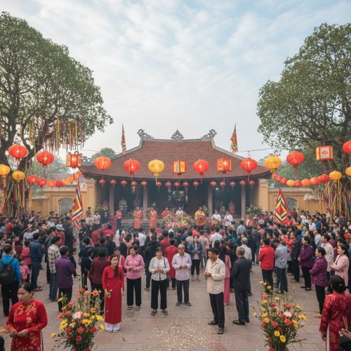 Đình làng Đồng Vân vào ngày rằm tháng Giêng, người dân tề...