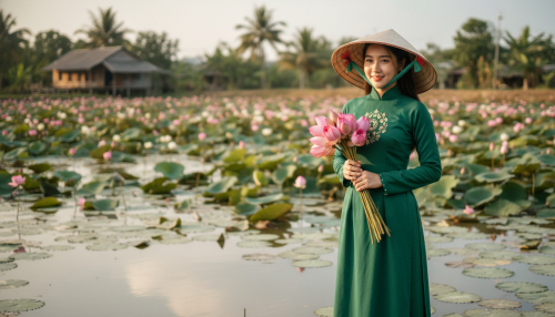 một cô gái mặc trang phục áo dài truyền thống, tay cầm hoa sen...