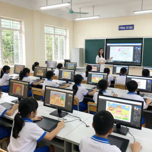 Cô giáo dạy môn tin học mặc áo dài trắng tại phòng tin học sinh...