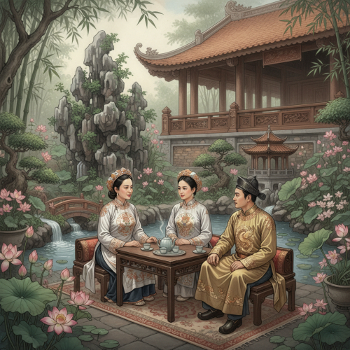 Cảnh xưa phong cách  cung đình..bên bàn trà ,trong hoa viên đẹp có...