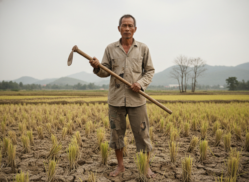 một người nông dân quần áo rách rới đang cầm cuốc đứng trên...