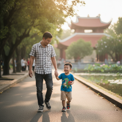 con trai tôi đi chơi với bố . Với đặc điểm phong cách thực tế ....