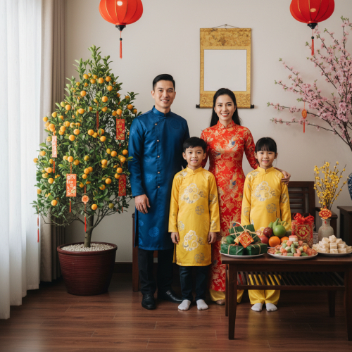Một gia đình mặc áo dài truyền thống tươi cười trước không...