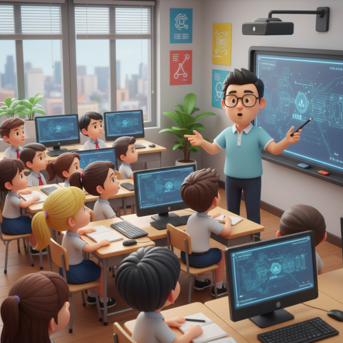 Tạo ảnh lớp học tin học gôm thầy giáo và các bạn học sinh đang...