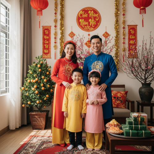 Một gia đình mặc áo dài truyền thống tươi cười trước không...