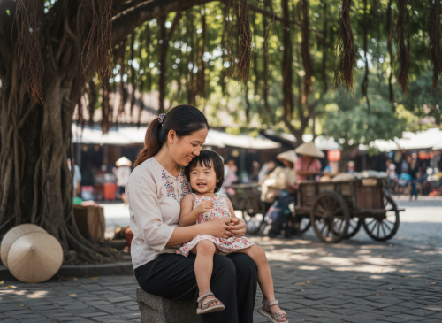 1 bé gái ngồi trên người mẹ . Với đặc điểm phong cách thực...