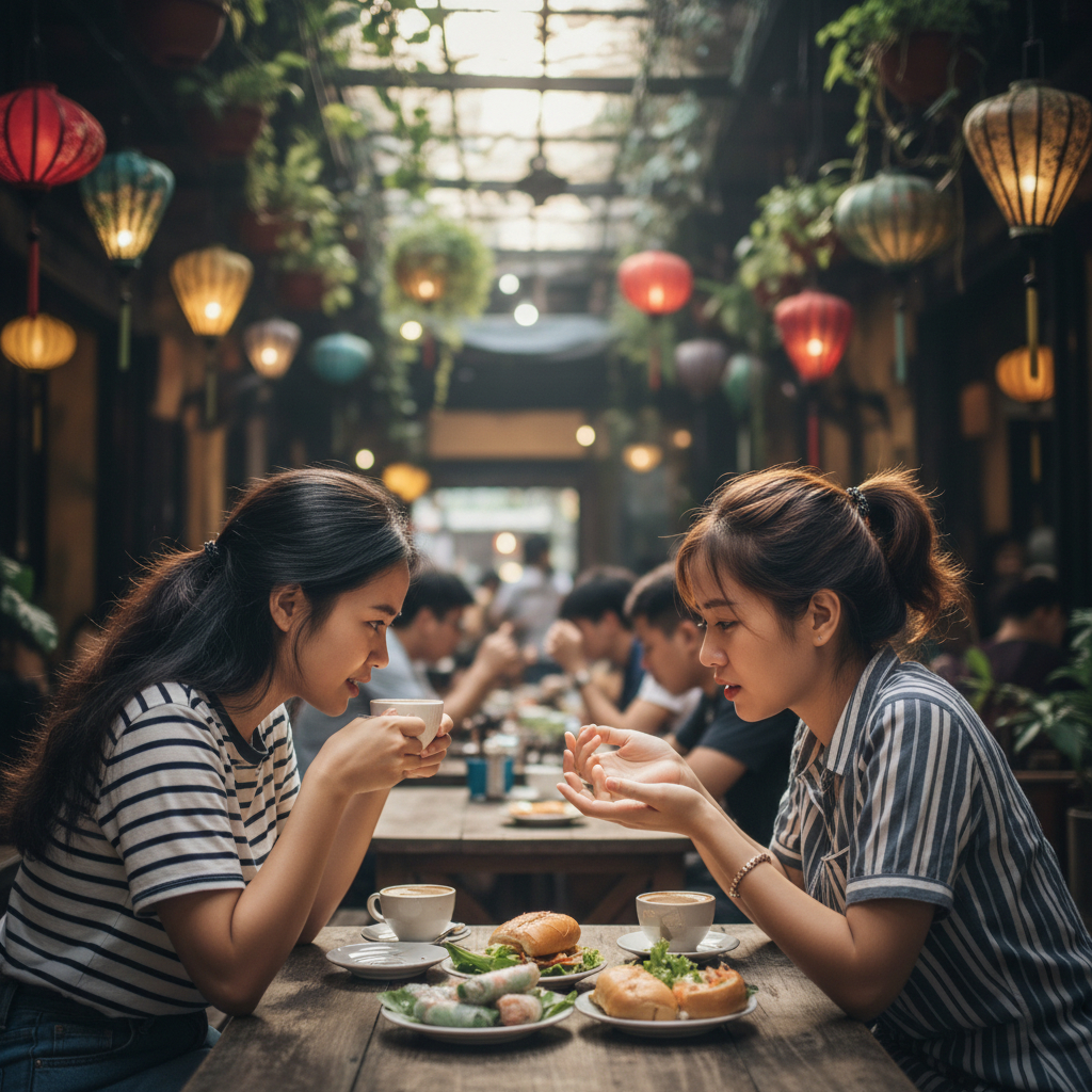 hai người bạn châu á ngồi lắng nghe tâm sự của nhau . Với đặc...
