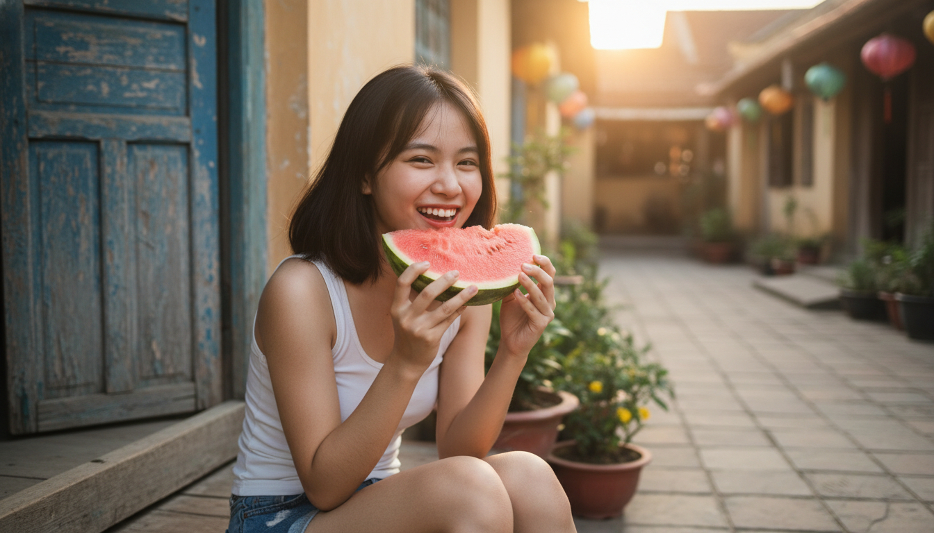 một cô gái việt nam 18 tuổi, xinh đẹp, tóc dài ngang vai, mặc bộ...