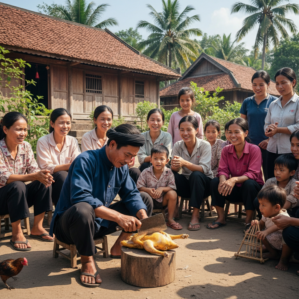 Hình ảnh một người chặt gà xung quanh có cây cối nhà cửa và...