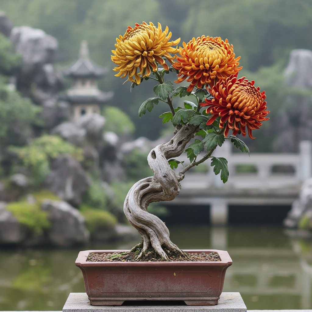 hình ảnh chậu cúc cổ trung quốc bonsai một thân với ba bông nghệ...