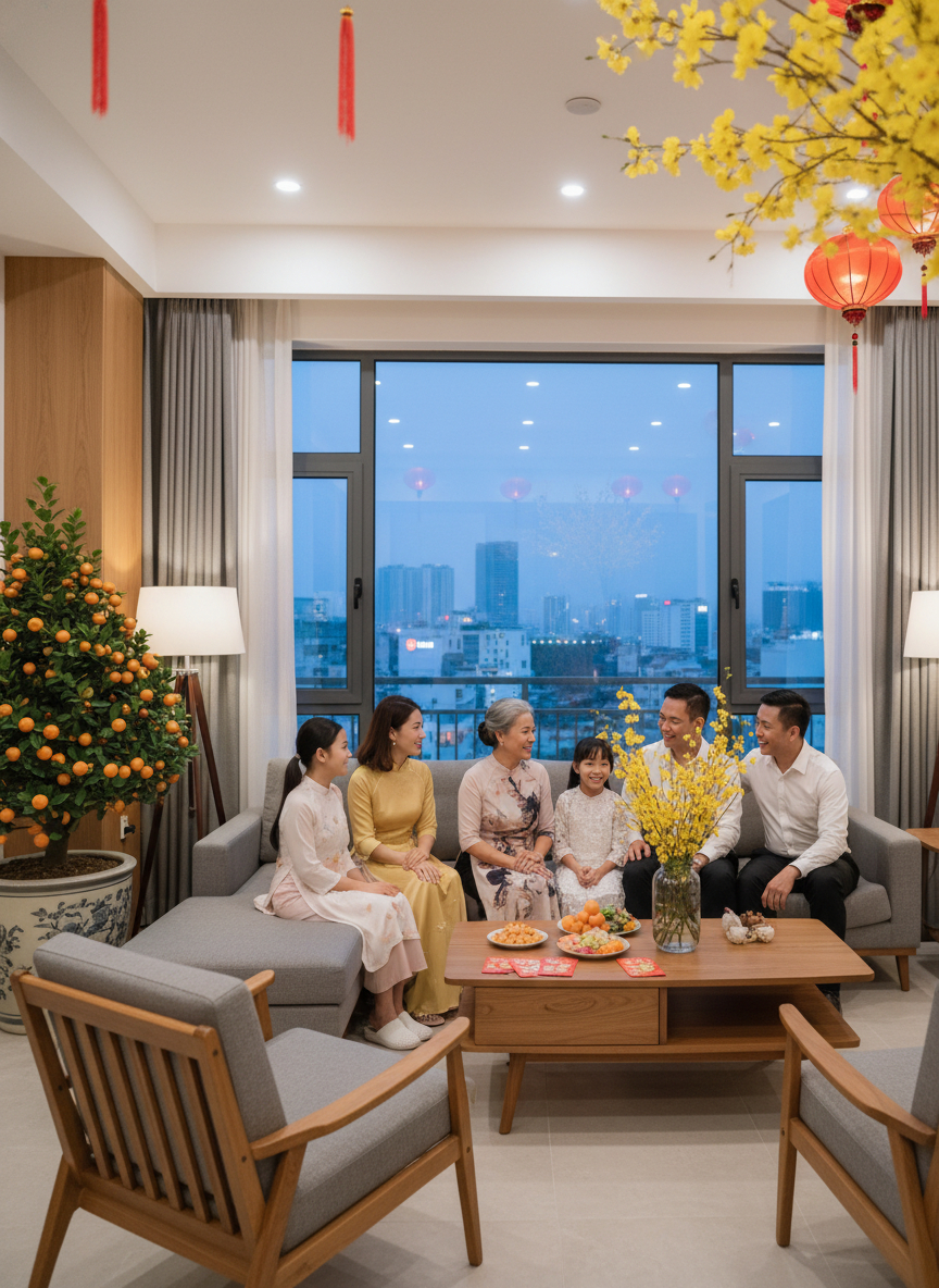 hãy tạo cho tôi một bức ảnh có bối cảnh tết, cả nhà quây...