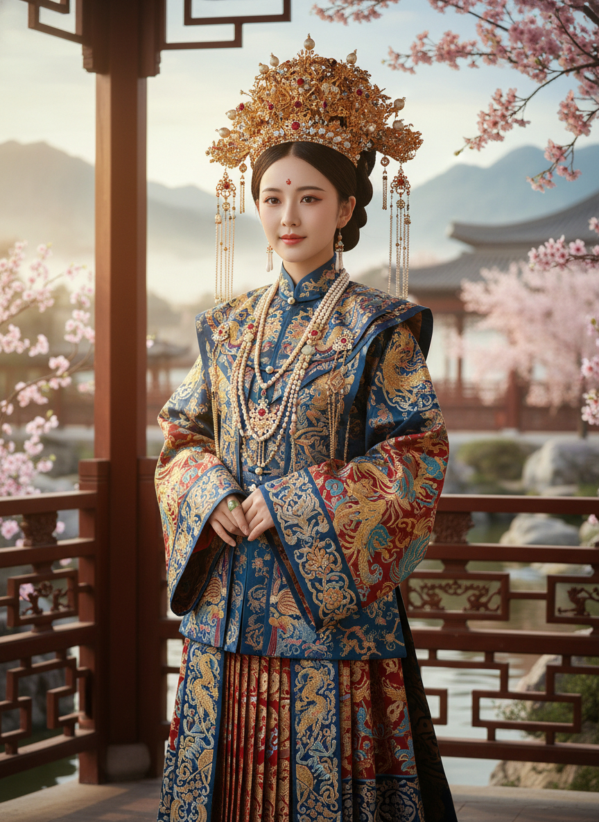 a fifteen-year-old Grand Princess of the Qing dynasty, adorned in magnificent...