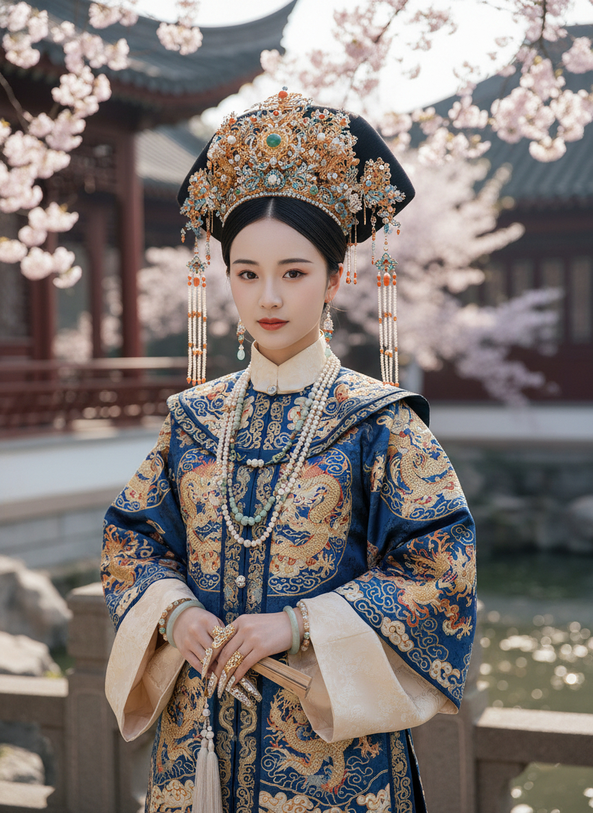 A fifteen-year-old Grand Princess of the Qing dynasty, adorned in attire and...