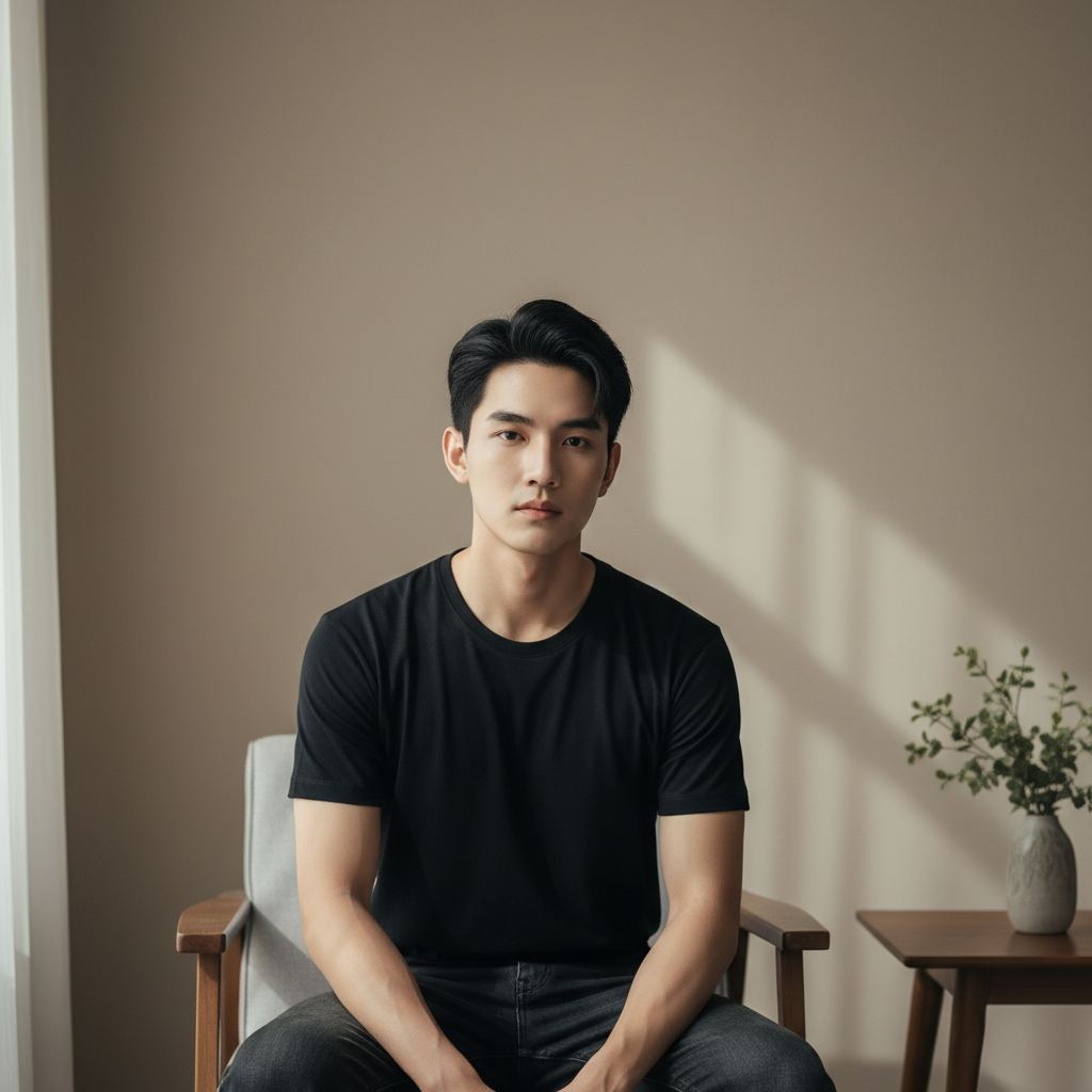 một anh trai đẹp trai tóc đen lạnh lùng vibe học sinh mặc áo phông...