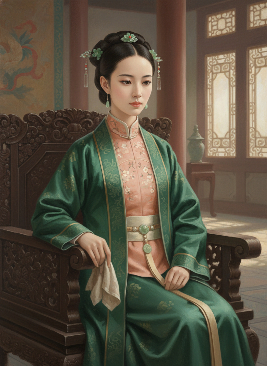 A 14-year-old Qing Dynasty noble girl seated gracefully on a carved wooden chair...