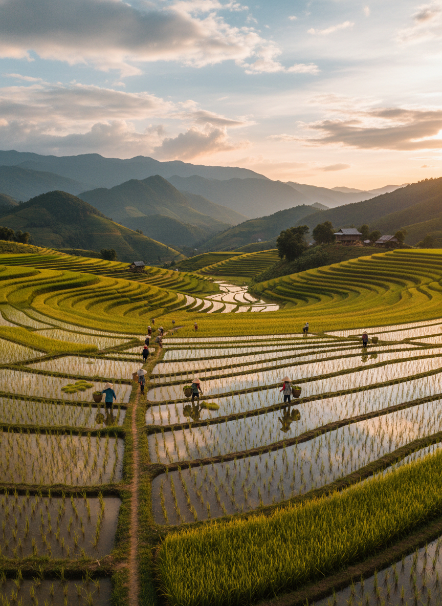 một cánh đồng lúa nước . Với đặc điểm phong cách thực tế ....
