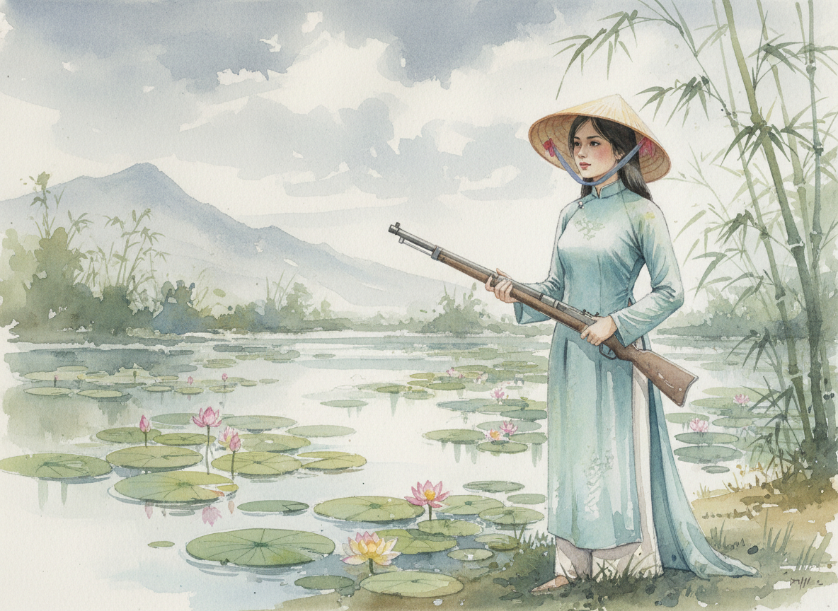 Cô gái cầm bống súng cạnh bờ ao. Với đặc điểm Phong cách: Màu...