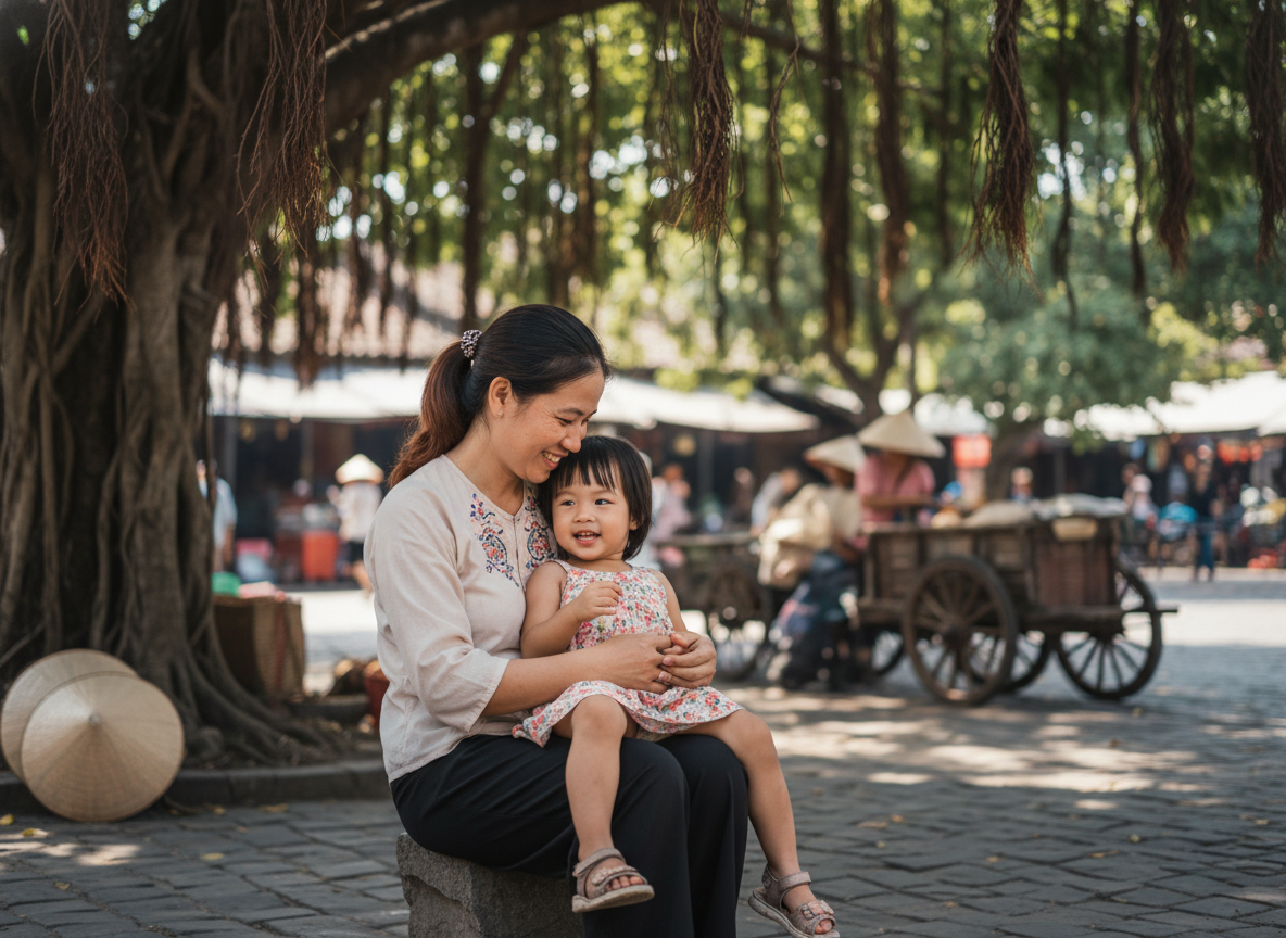 1 bé gái ngồi trên người mẹ . Với đặc điểm phong cách thực...