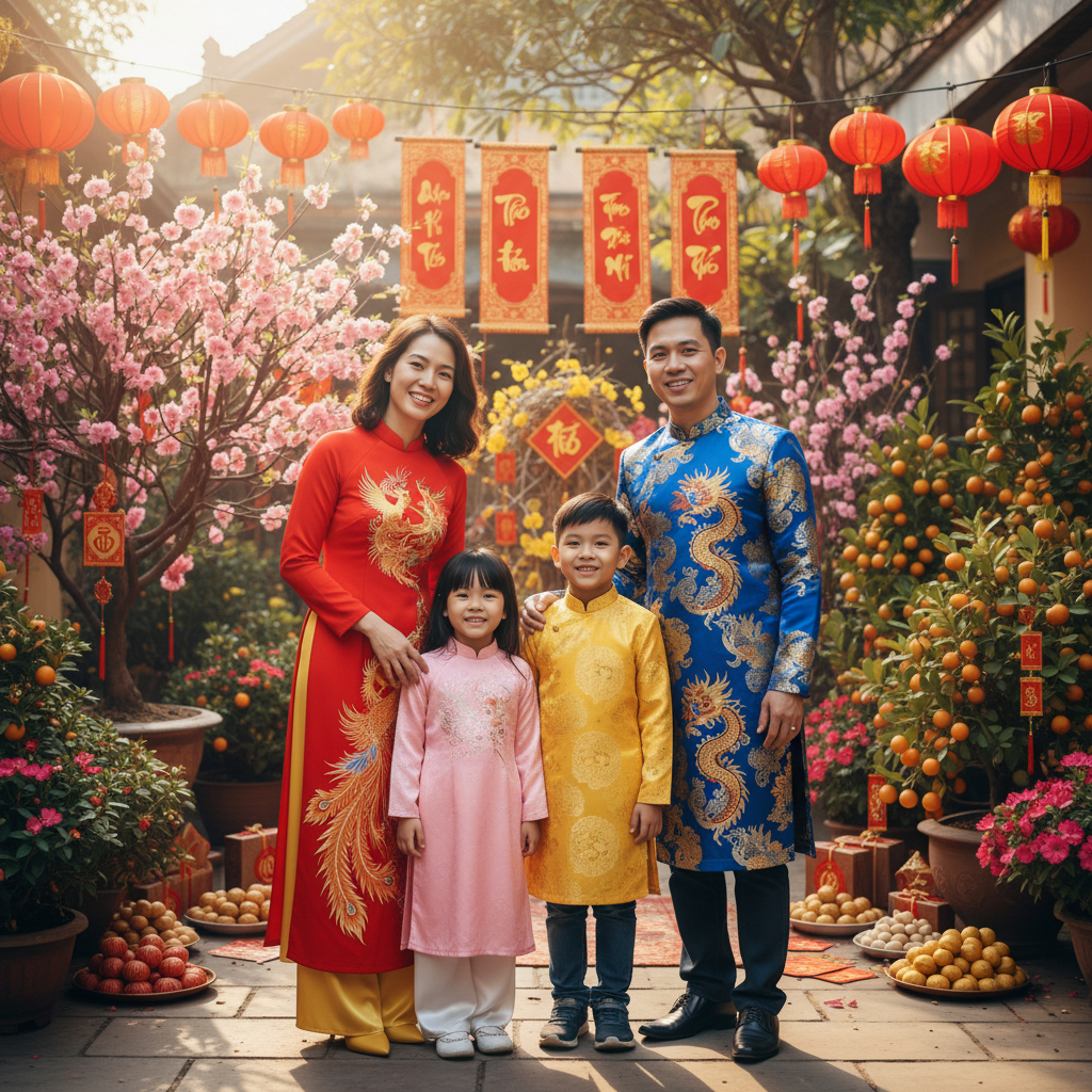 Một gia đình mặc áo dài truyền thống tươi cười trước không...