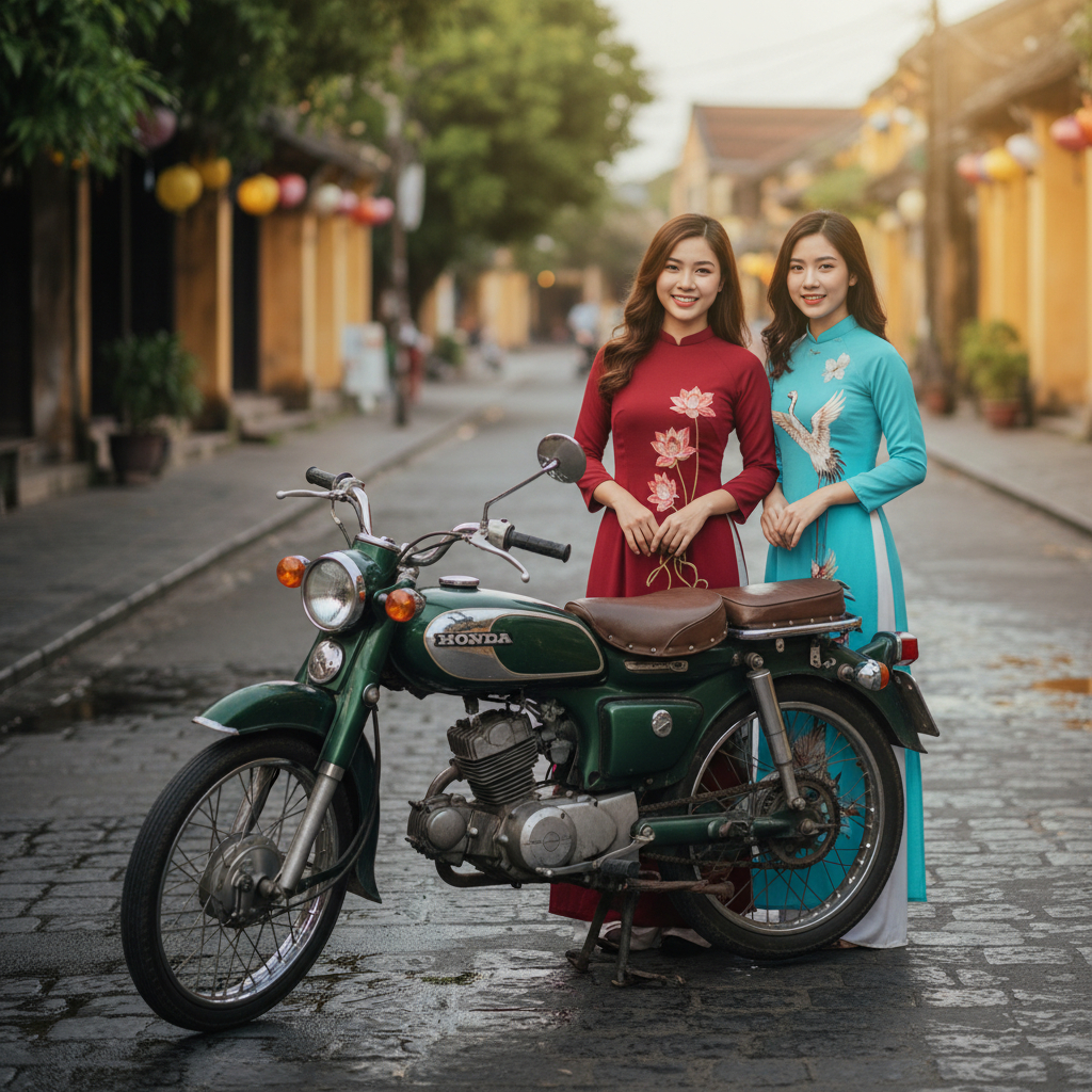 tạo 2 cô gai ăn mặc chuyền thông bên chiếc xe honda67 cùng với...