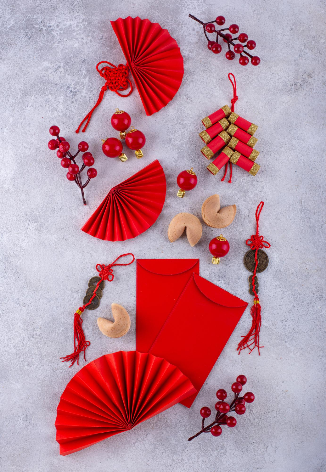 Bao lì xì, pháo dây, đũa, bánh may mắn, quạt giấy, nút thắt đồng tâm, màu đỏ, tối giản, nền đen, tết nguyên đán, red envelope, firecrackers, chopsticks, fortune cookie, paper fan, chinese knot - yuliyafurman 3