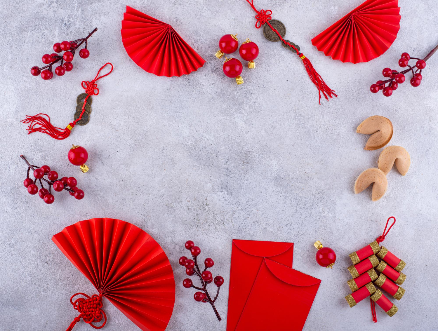 Bao lì xì, pháo dây, đũa, bánh may mắn, quạt giấy, nút thắt đồng tâm, màu đỏ, tối giản, nền đen, tết nguyên đán, red envelope, firecrackers, chopsticks, fortune cookie, paper fan, chinese knot - yuliyafurman 3