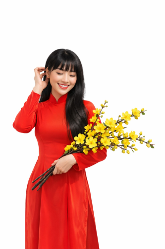 Cô gái, mỉm cười, phụ nữ, áo dài đỏ, cầm nhành mai, hoa mai vàng, tết nguyên đán, truyền thống việt nam, tóc dài, vẻ đẹp á đông, girl, smiling, woman, red ao dai, yellow apricot blossom, lunar new year 1