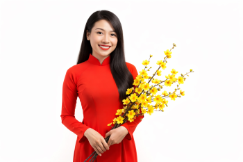 Cô gái, mỉm cười, phụ nữ, áo dài đỏ, cầm nhành mai, hoa mai vàng, tết nguyên đán, truyền thống việt nam, tóc dài, vẻ đẹp á đông, girl, smiling, woman, red ao dai, yellow apricot blossom, lunar new year 2