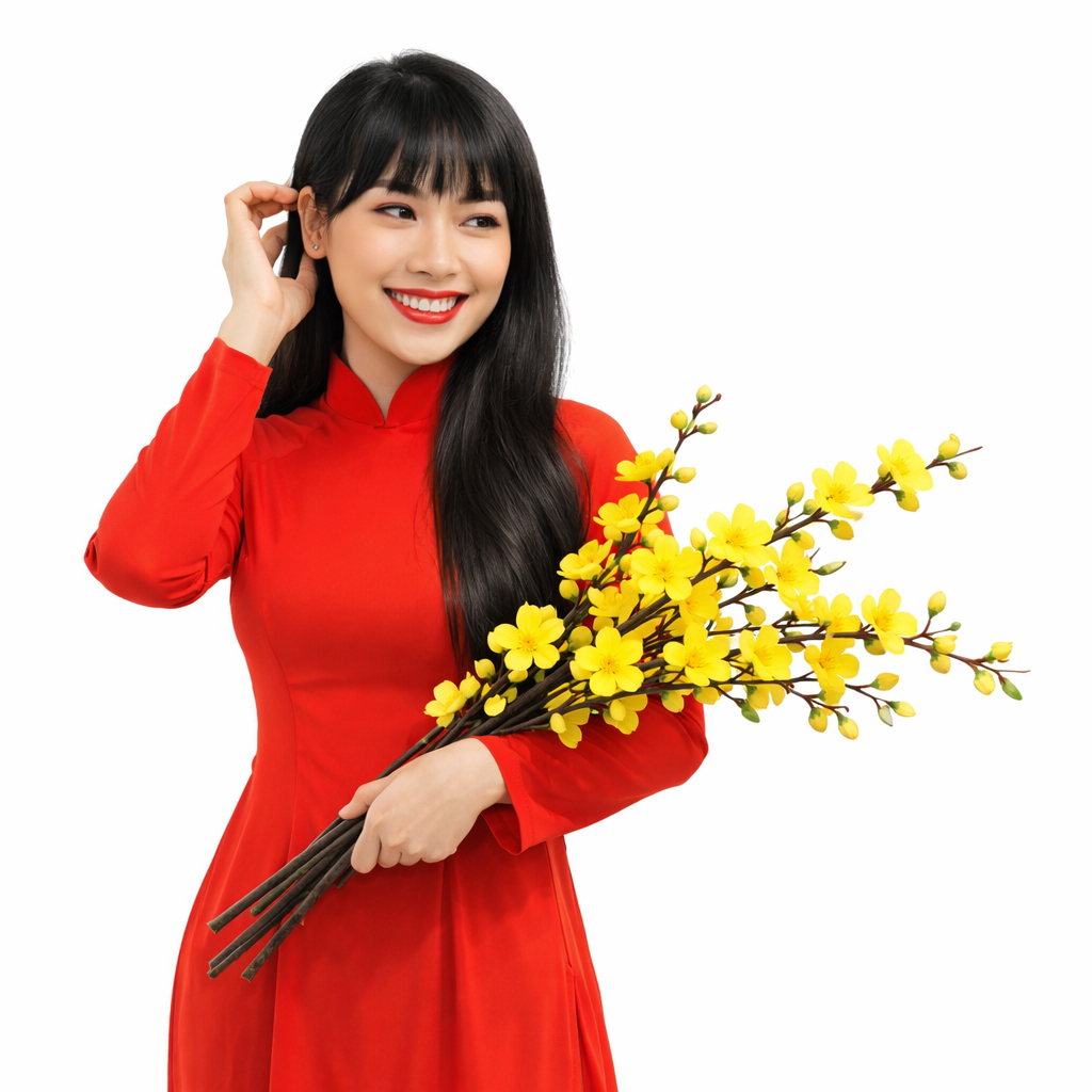 Cô gái, mỉm cười, phụ nữ, áo dài đỏ, cầm nhành mai, hoa mai vàng, tết nguyên đán, truyền thống việt nam, tóc dài, vẻ đẹp á đông, girl, smiling, woman, red ao dai, yellow apricot blossom, lunar new year 3