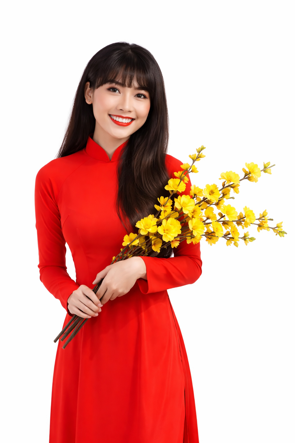 Cô gái, mỉm cười, phụ nữ, áo dài đỏ, cầm nhành mai, hoa mai vàng, tết nguyên đán, truyền thống việt nam, tóc dài, vẻ đẹp á đông, girl, smiling, woman, red ao dai, yellow apricot blossom, lunar new year 4