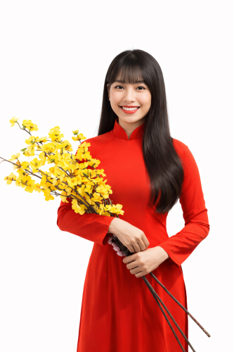 Cô gái, mỉm cười, phụ nữ, áo dài đỏ, cầm nhành mai, hoa mai vàng, tết nguyên đán, truyền thống việt nam, tóc dài, vẻ đẹp á đông, girl, smiling, woman, red ao dai, yellow apricot blossom, lunar new year 5