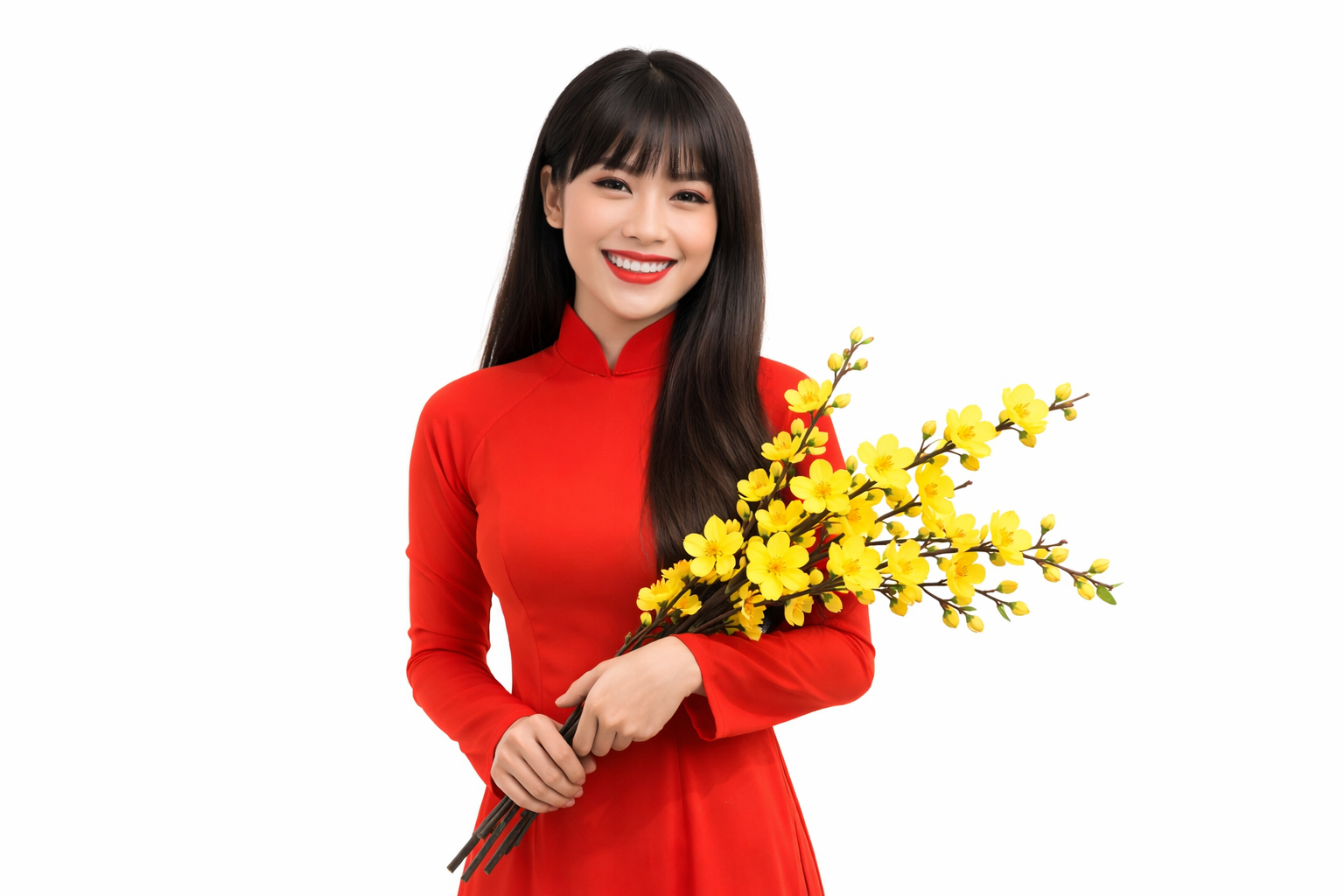 Cô gái, mỉm cười, phụ nữ, áo dài đỏ, cầm nhành mai, hoa mai vàng, tết nguyên đán, truyền thống việt nam, tóc dài, vẻ đẹp á đông, girl, smiling, woman, red ao dai, yellow apricot blossom, lunar new year 6