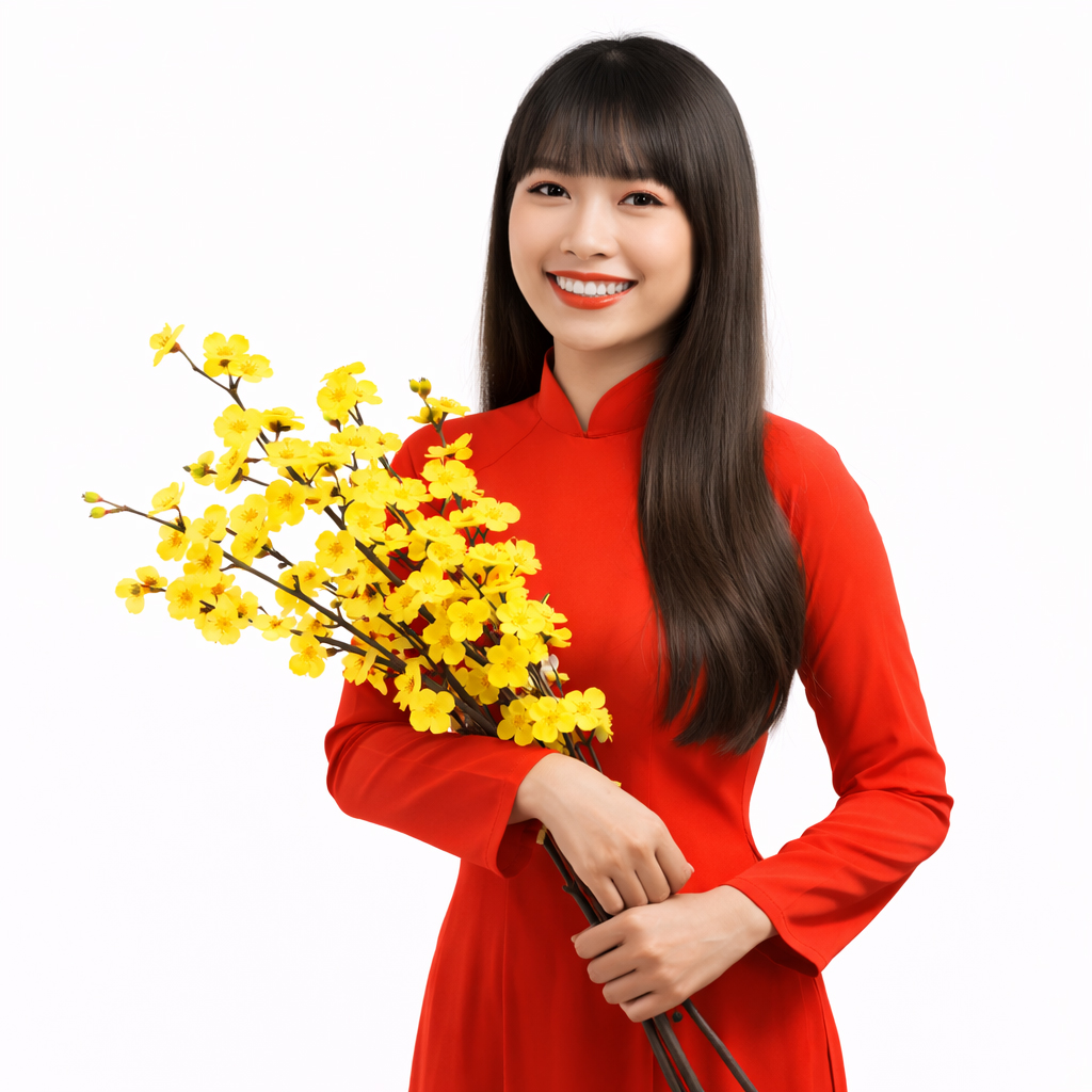 Cô gái, mỉm cười, phụ nữ, áo dài đỏ, cầm nhành mai, hoa mai vàng, tết nguyên đán, truyền thống việt nam, tóc dài, vẻ đẹp á đông, girl, smiling, woman, red ao dai, yellow apricot blossom, lunar new year 7