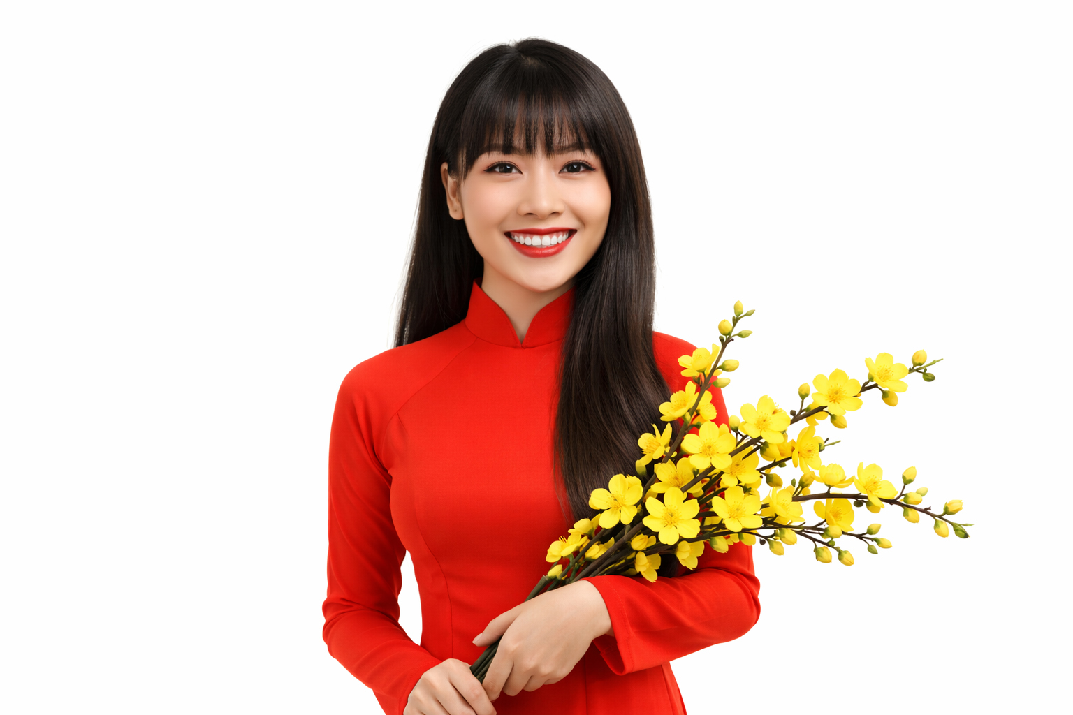 Cô gái, mỉm cười, phụ nữ, áo dài đỏ, cầm nhành mai, hoa mai vàng, tết nguyên đán, truyền thống việt nam, tóc dài, vẻ đẹp á đông, girl, smiling, woman, red ao dai, yellow apricot blossom, lunar new year 9