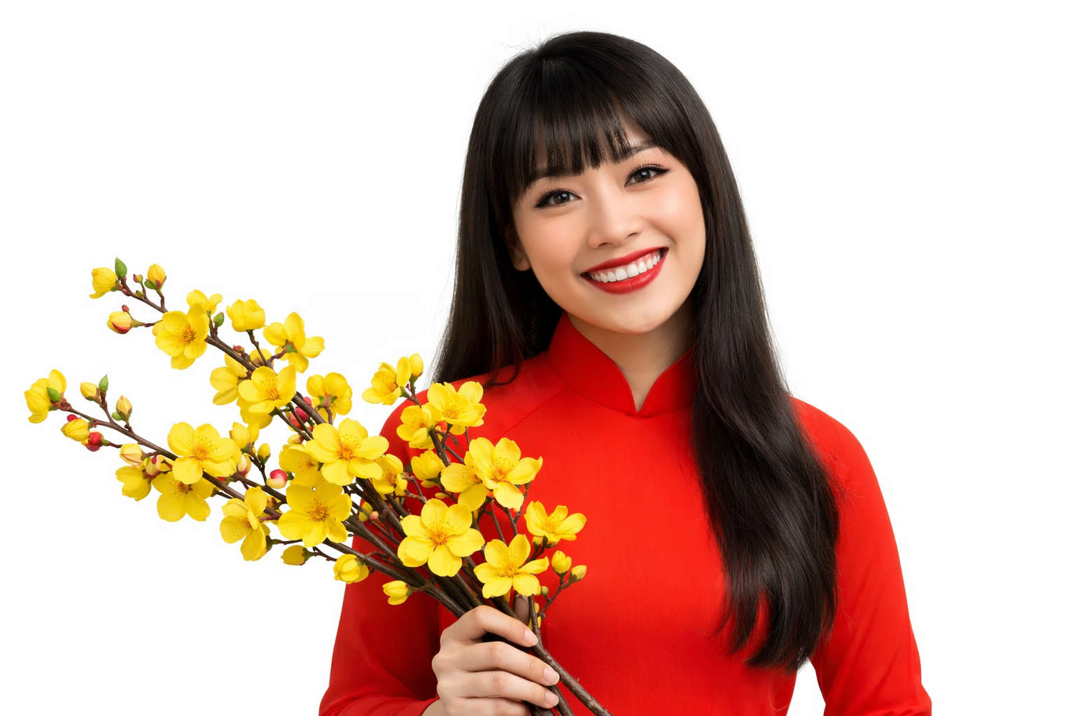 Cô gái, mỉm cười, phụ nữ, áo dài đỏ, cầm nhành mai, hoa mai vàng, tết nguyên đán, truyền thống việt nam, tóc dài, vẻ đẹp á đông, girl, smiling, woman, red ao dai, yellow apricot blossom, lunar new year