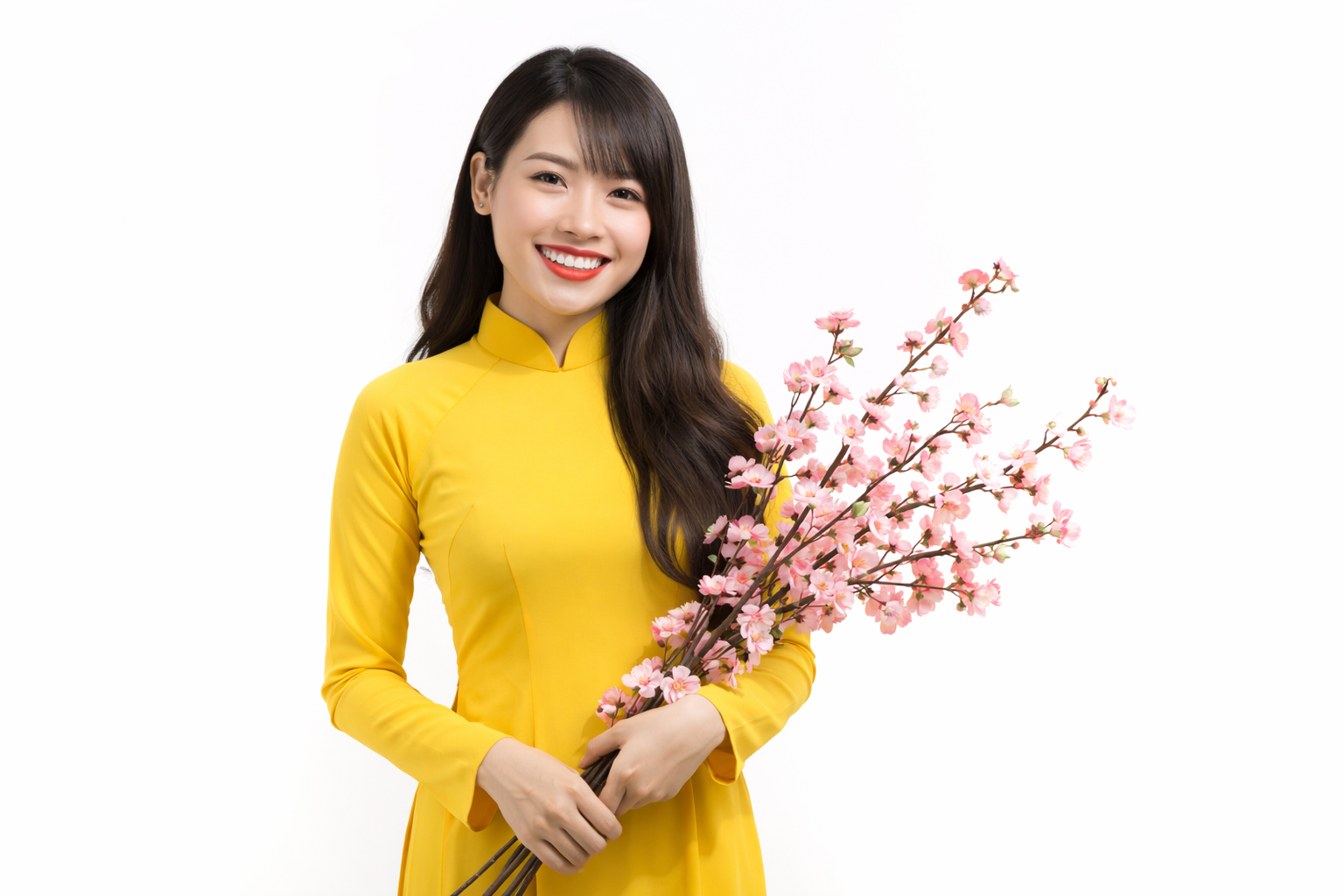 Cô gái, mỉm cười, phụ nữ, áo dài vàng, cầm nhành đào, hoa đào hồng, tết nguyên đán, truyền thống việt nam, dịu dàng, trang phục dân tộc, girl, smiling, woman, yellow ao dai 4
