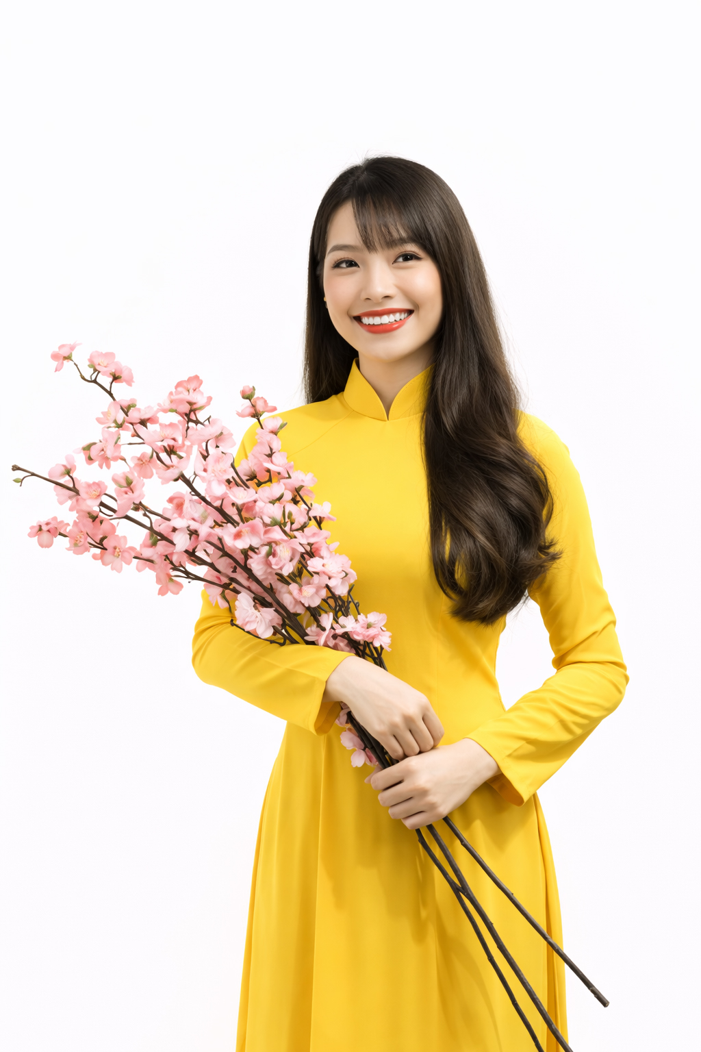 Cô gái, mỉm cười, phụ nữ, áo dài vàng, cầm nhành đào, hoa đào hồng, tết nguyên đán, truyền thống việt nam, dịu dàng, trang phục dân tộc, girl, smiling, woman, yellow ao dai 4