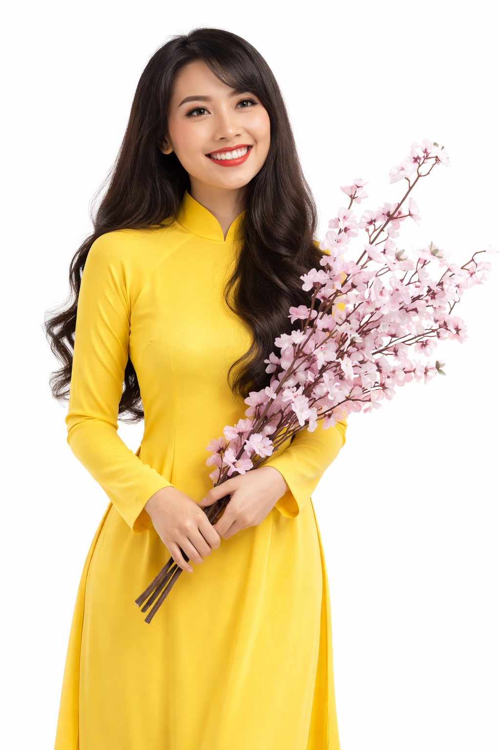 Cô gái, mỉm cười, phụ nữ, áo dài vàng, cầm nhành đào, hoa đào hồng, tết nguyên đán, truyền thống việt nam, dịu dàng, trang phục dân tộc, girl, smiling, woman, yellow ao dai 5